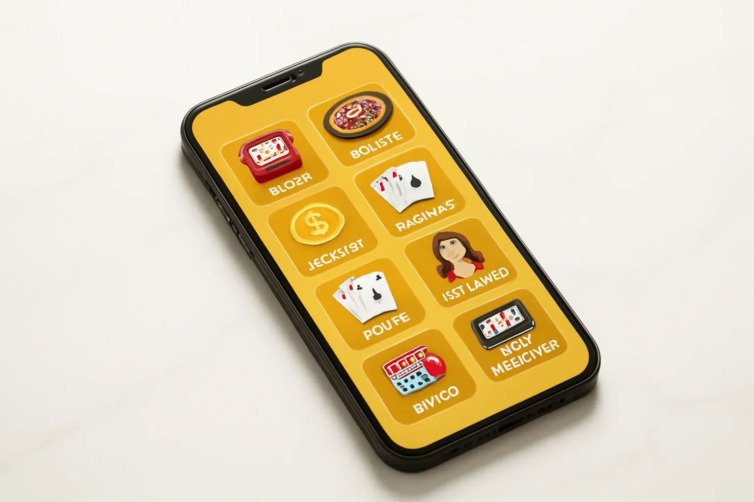 Casino Game Smartphone Smartphone on white marble showing bright casino game selection grid