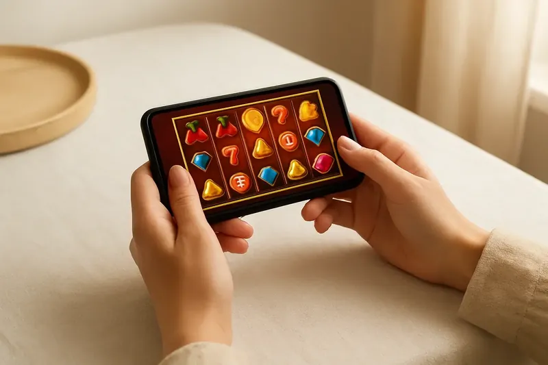 Woman holding smartphone with bright casino game grid on linen surface