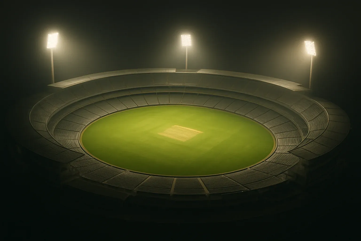 Cricket Stadium At Night Aerial view of cricket stadium at night with bright floodlights