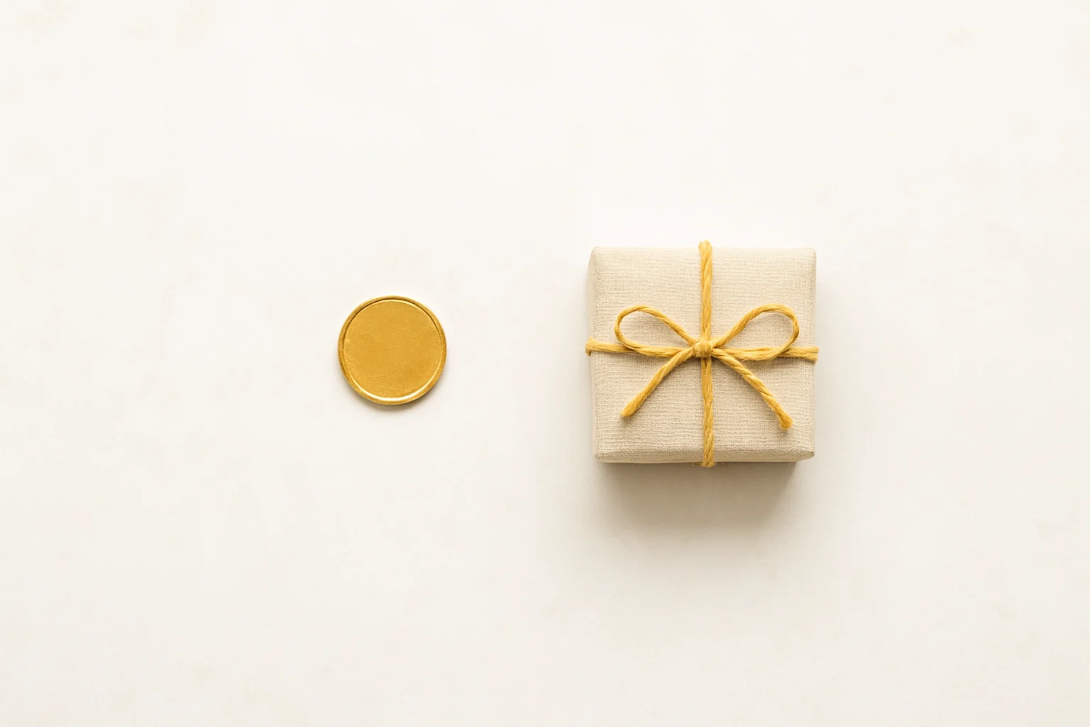 Minimalist Bonus Concept Single gold coin beside small gift box on cream marble surface