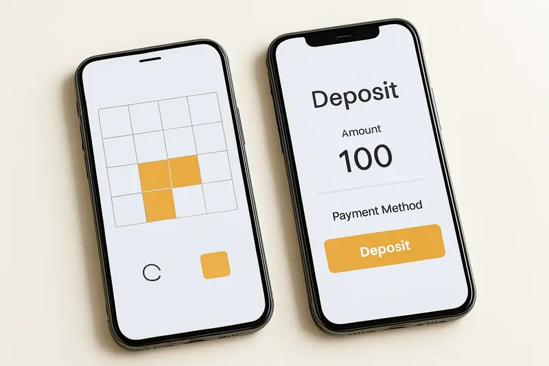 Two smartphones on cream background showing game grid and deposit screen