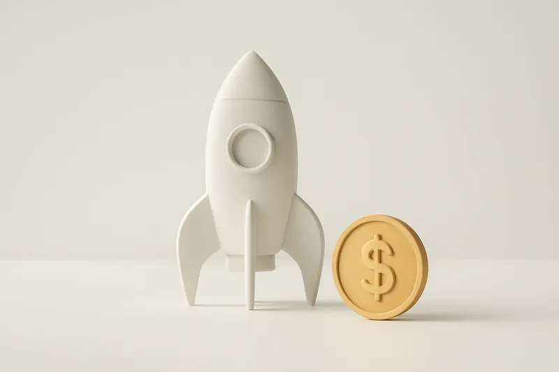 Minimalist rocket icon with gold coin on white background