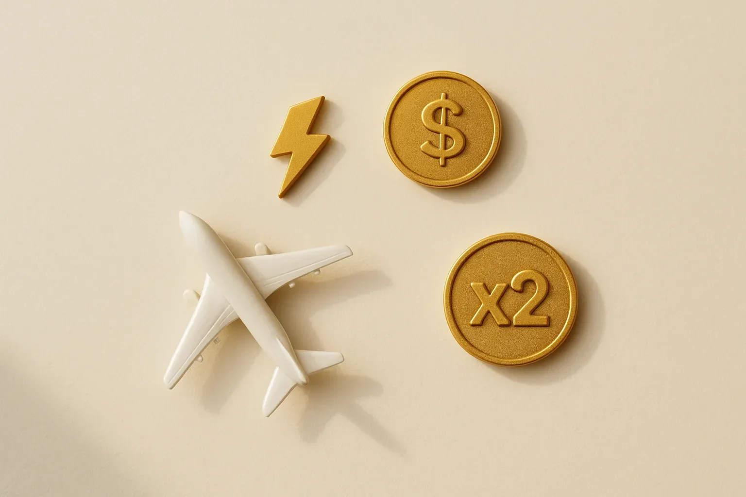Instant Games Flat Lay Overhead flat lay with airplane figurine, gold coin, lightning token, multiplier badge