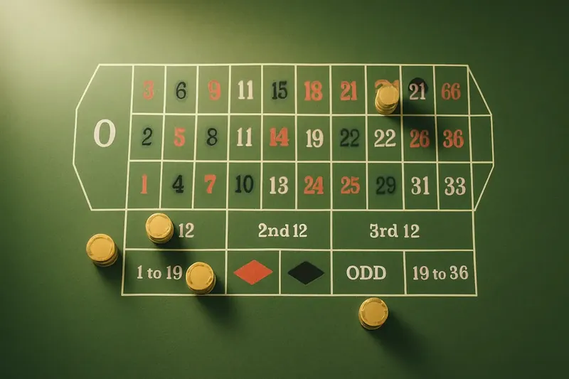 Top-down roulette table layout with green felt and gold chip stacks