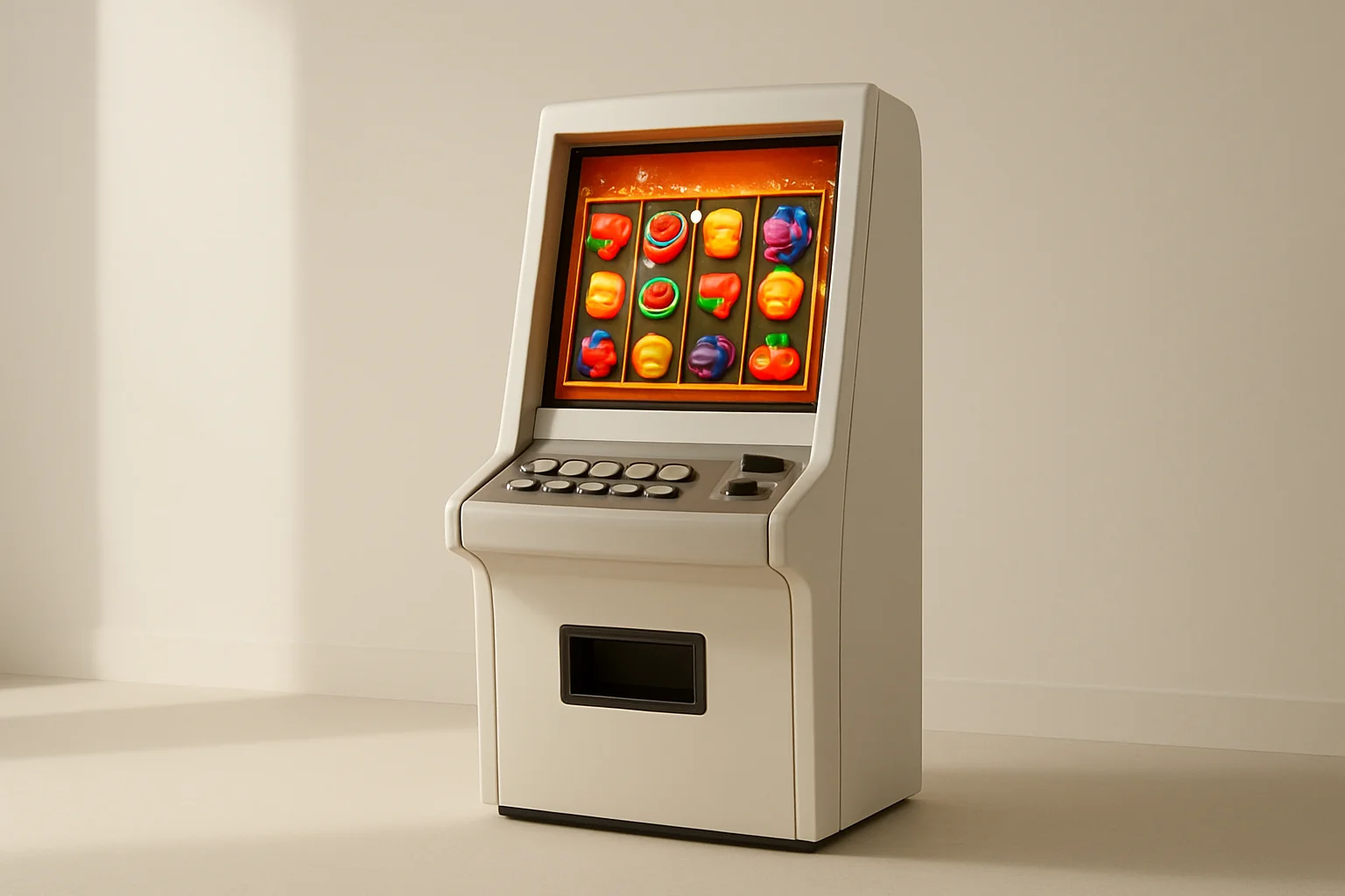 Studio Slot Terminal White studio shot of angled slot machine terminal with vibrant game screen